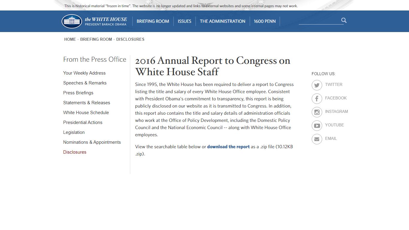 2016 Annual Report to Congress on White House Staff